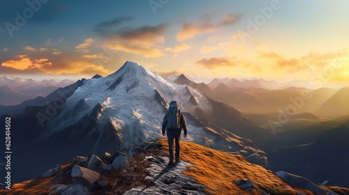 Hiking up mountain peak at sunrise success achieved © muhammad
