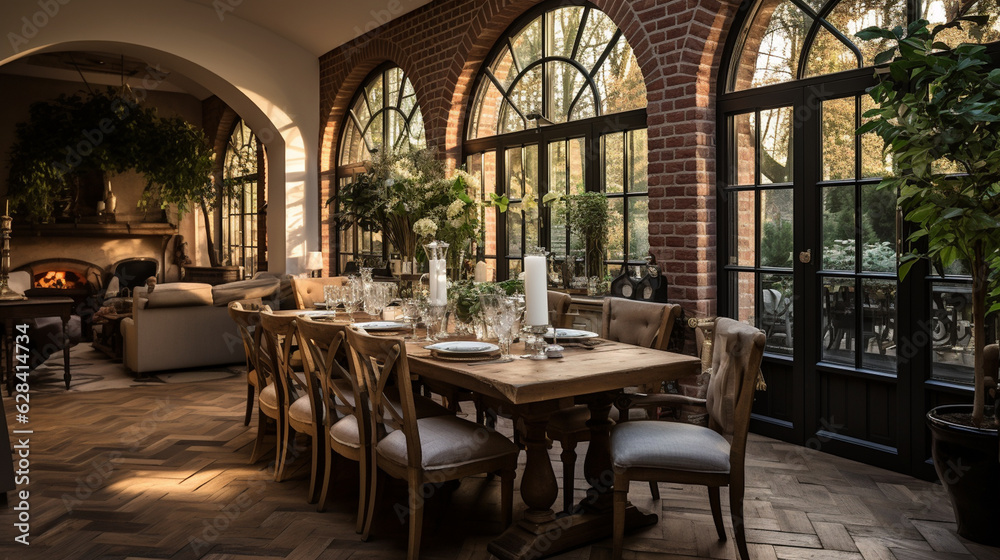A luxurious dining area with a polished parquet floor and a decorative brick archway, exuding sophistication Generative AI