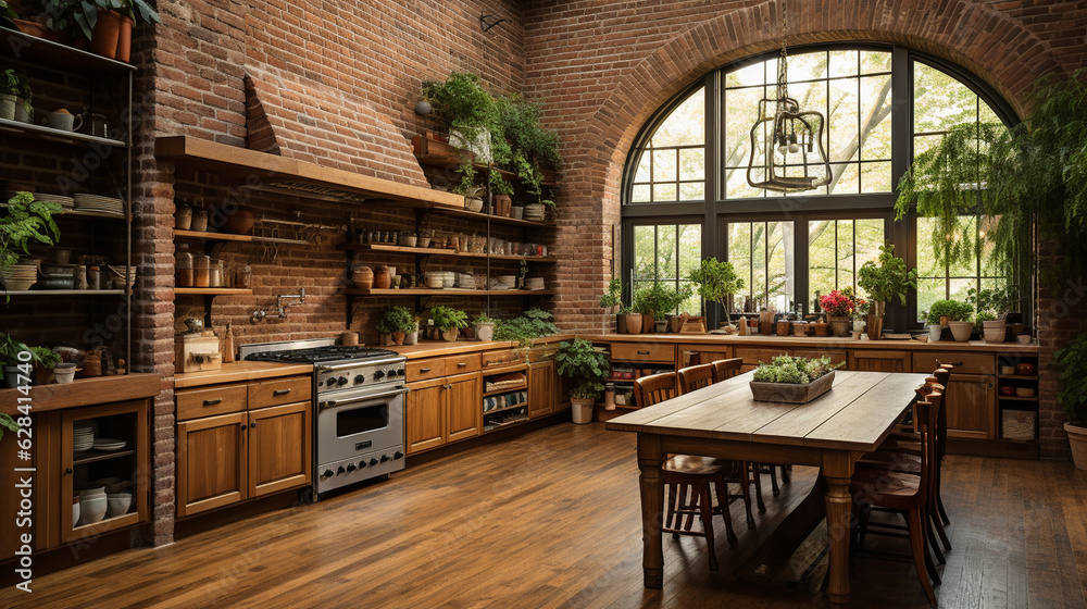 An inviting kitchen with brick walls, wooden parquet flooring, and vintage-inspired decor Generative AI