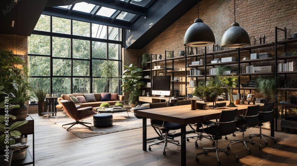 Fototapeta premium A modern office space with a mix of brick and parquet, creating a contemporary yet cozy work environment Generative AI