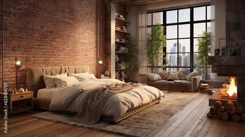 A cozy bedroom featuring a rustic brick accent wall and a warm parquet floor, creating a charming ambiance Generative AI