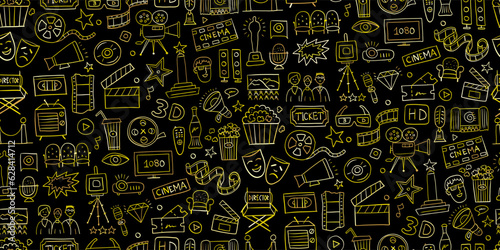 Cinema, film movie watching. Vintage seamless pattern background for your design