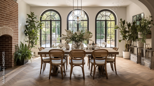 A luxurious dining area with a polished parquet floor and a decorative brick archway  exuding sophistication Generative AI