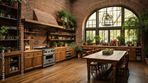 An inviting kitchen with brick walls, wooden parquet flooring, and vintage-inspired decor Generative AI © Наталья Евтехова