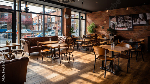 A trendy café with a chic brick feature wall and a stylish parquet floor, perfect for coffee enthusiasts Generative AI