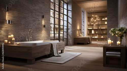 A serene spa with a calming parquet floor and earthy brick walls, creating a tranquil atmosphere Generative AI