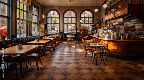 A vintage-inspired coffee shop with a brick accent wall and a patterned parquet floor Generative AI