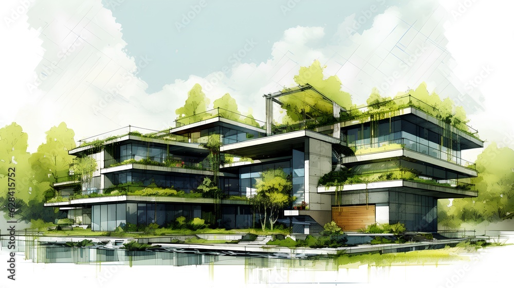 An environmentally conscious architectural project, green building design. The principles of sustainability, striving for efficient use of resources and minimal environmental impact. Generative AI