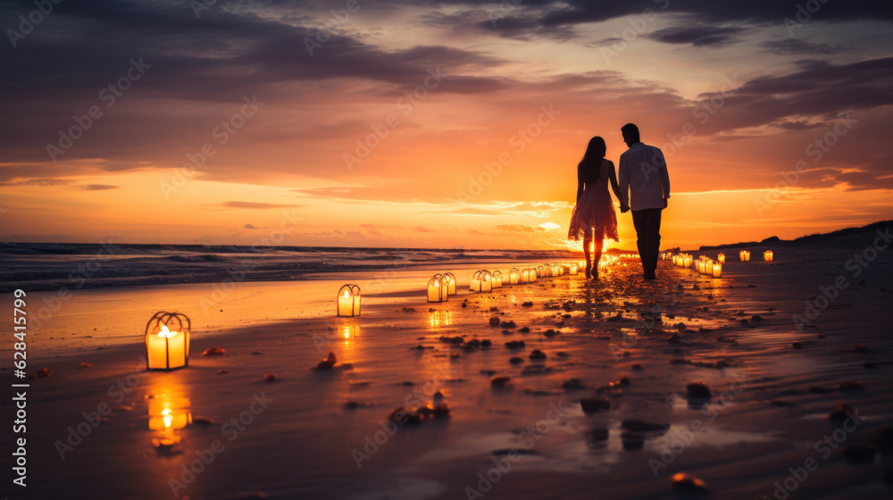 Happy couple together with lovely moment at beach golden hour.