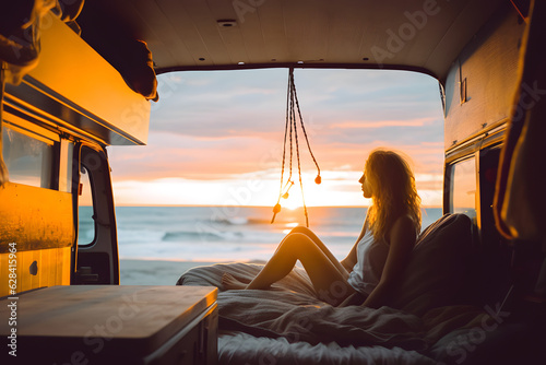 Beach scene and girl inside the camper van at sunset.