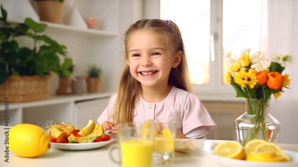 Happy smile kid at table in kitchen with healthy breakfast in morning. Happy smile kid at table in kitchen with healthy breakfast in morning.