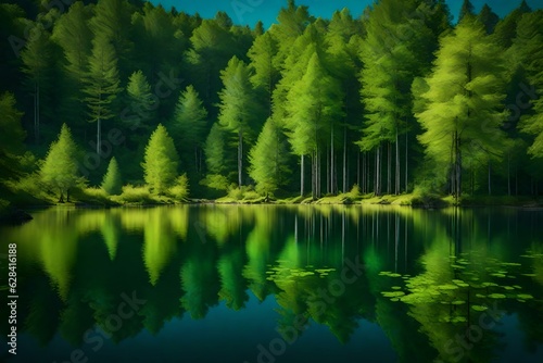 A forest lake reflecting the lush greenery and calm surroundings