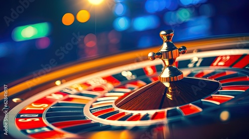 Casino roulette wheel table with chips