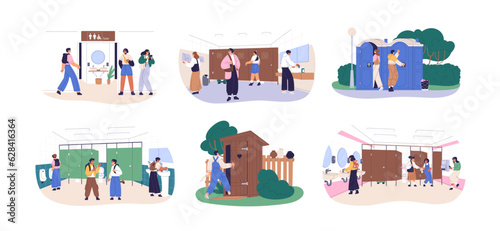 Public toilets, WC set. People going to restroom, school washroom, urban outdoor dry closet, portable lavatory, opening latrine doors. Flat graphic vector illustrations isolated on white background photo