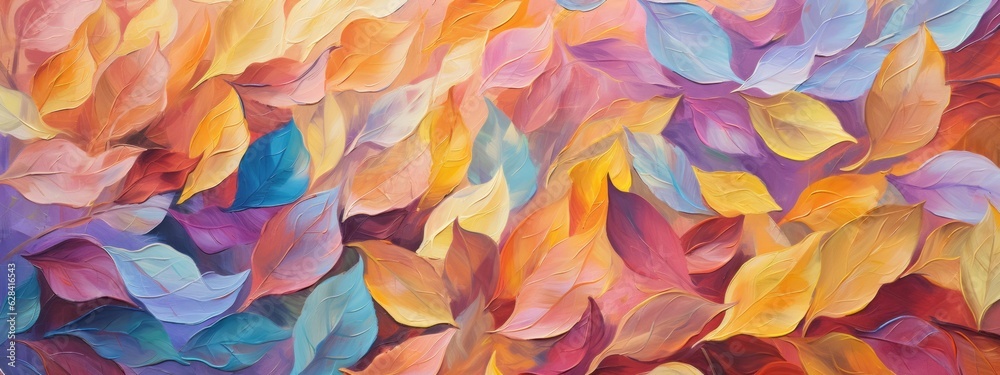 Closeup of abstract rough colorful multicolored organic autumnal fallen leaves art painting texture, with oil acrylic brushstroke, pallet knife paint on canvas wallpaper (Generative Ai)