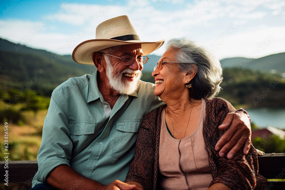 Fototapeta premium An elderly Hispanic couple outdoors, smiling during their retirement.