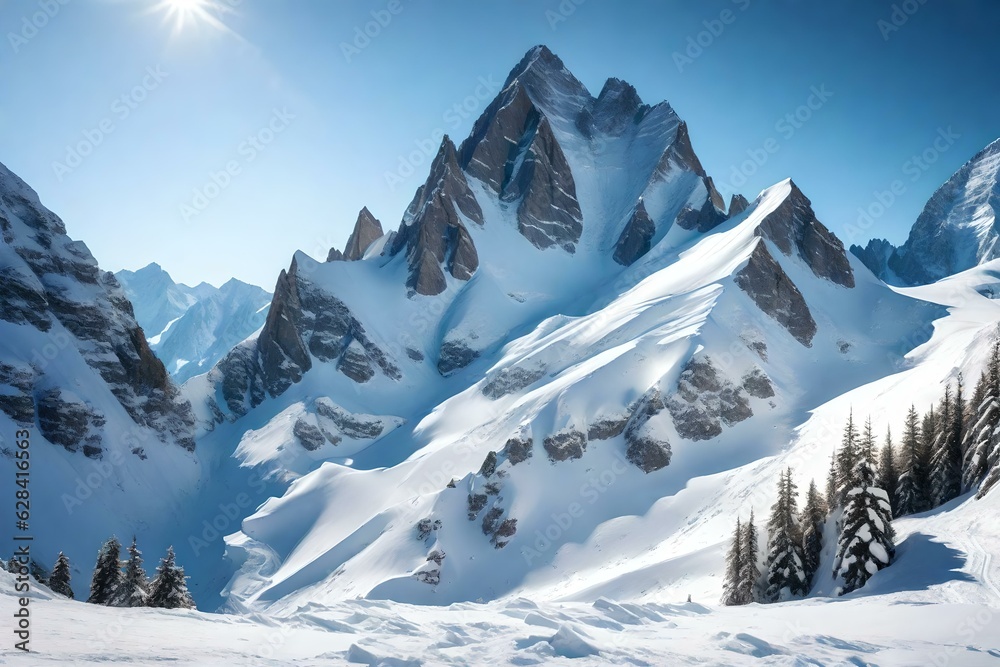A majestic mountain peak covered in snow, surrounded by breathtaking alpine scenery