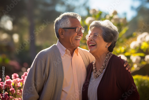 An elderly Hispanic couple outdoors, smiling during their retirement. photo