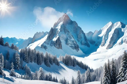 A majestic mountain peak covered in snow, surrounded by breathtaking alpine scenery