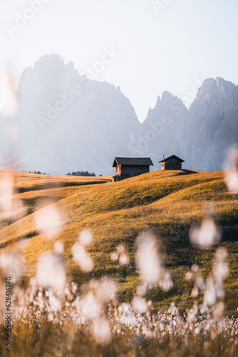 Mountain cabin in stunning landscape of Alpe di Siusi during sunrise, Dolomites