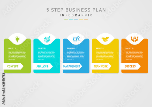 infographic 5 steps success business plan multiple color squares center lettering white circle above center color icon white acute square bottom with letters gray gradient background