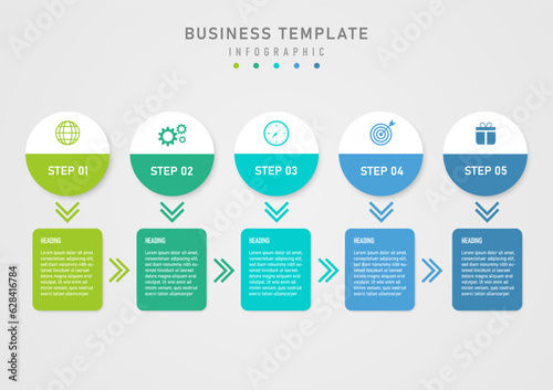 infographic 5 steps multi colored half circle business The white top has icons, the bottom has letters. Multi-colored squares below with letters in the middle. gray gradient background