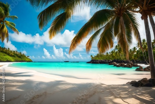 A picture-perfect tropical beach with crystal-clear waters  palm trees  and white sandy shores