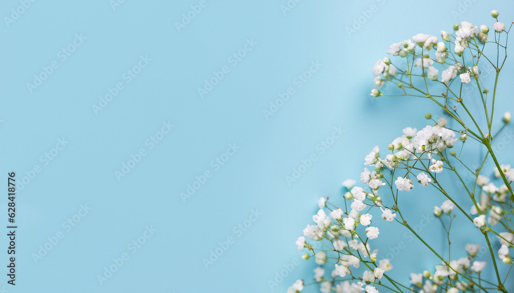 Banner with branch of gypsophila flower on a blue pastel background. Spring concept with copyspace.