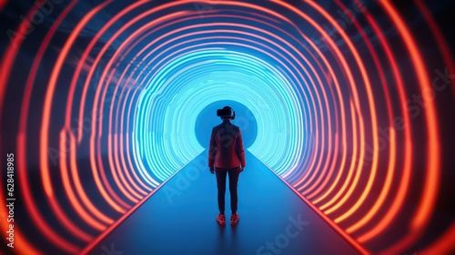 A man wearing a vr headset stands in front of a neon