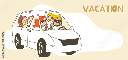 Travel and vacation with family. Families travel by car together. driver wearing sunglasses.