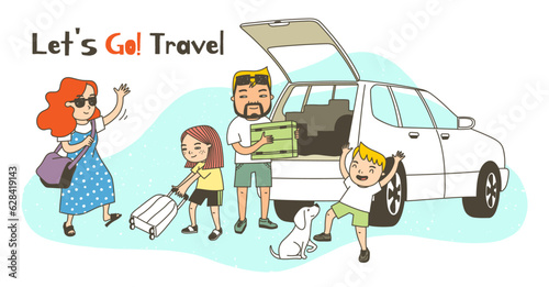 Travel with family. suitcases and luggage are loaded into the car to go on a trip. A fun time with your dog. happy family look.