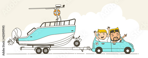Car trip with family! Set off with a fishing boat on the trailer.