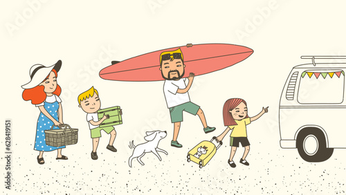 A family preparing for travel and vacation. Loading the surfboard into the car. Families carrying suitcases and luggage. Dogs also accompany them.