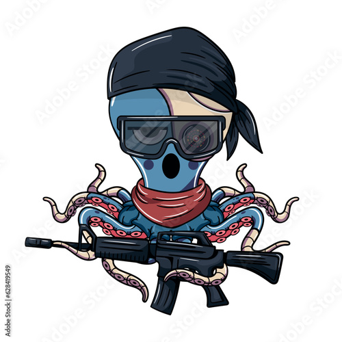 Bored cyborg octopus cartoon character in a black bandana, wearing glasses and a machine gun. Illustration for fantasy, science fiction and adventure comics
