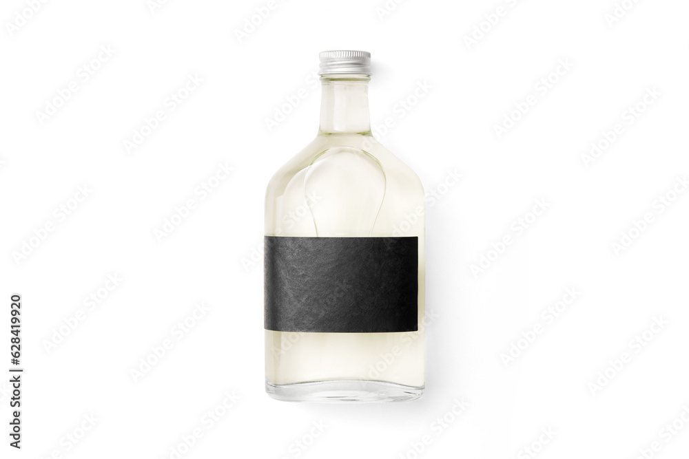 Craft Glass Sake Bottle with screw cap Isolated on white Background with Shadow and black label with room for copy Craft Glass Sake Bottle with screw cap Isolated on white Background with Shadow and black label with room for copy