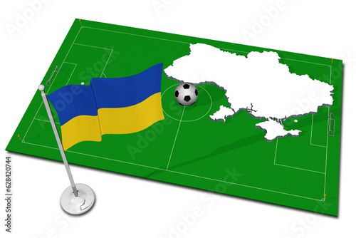 Ucraina. Bandiera nazionale con in primo piano pallone da calcio. Sport football - Illustrazione 3D. photo