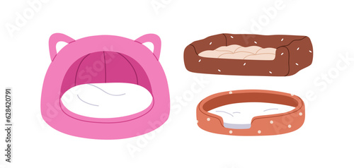 Pet beds set. Comfortable feline and canine furniture for sleeping, relaxing. Comfy cozy cushions, soft pillows for cats and dogs, home animals. Flat vector illustrations isolated on white background