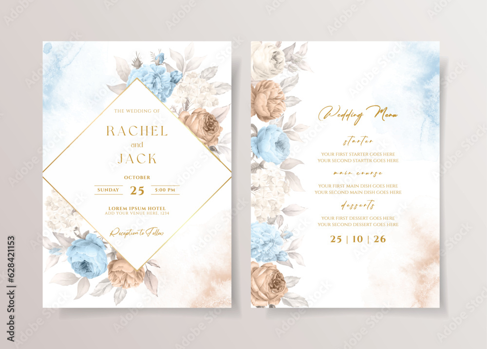 Watercolor wedding invitation template set with romantic blue brown floral and leaves decoration