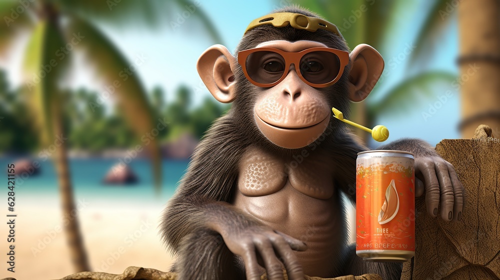 monkey wearing glasses and drinking young coconut