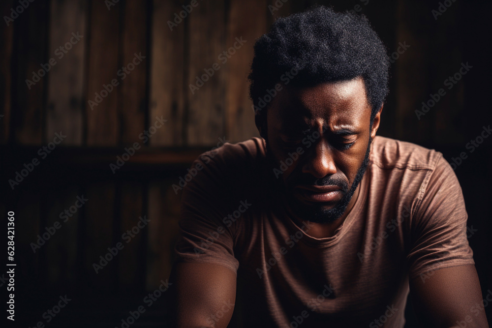 Black african american man depicting a sad depressive state, depression concept