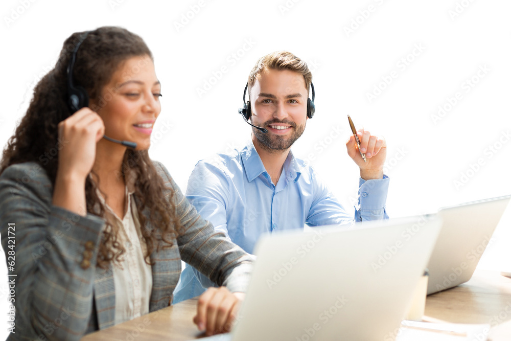 Portrait of call center worker accompanied by his team. Smiling customer support operator at work on a transparent background. Portrait of call center worker accompanied by his team. Smiling customer support operator at work on a transparent background.