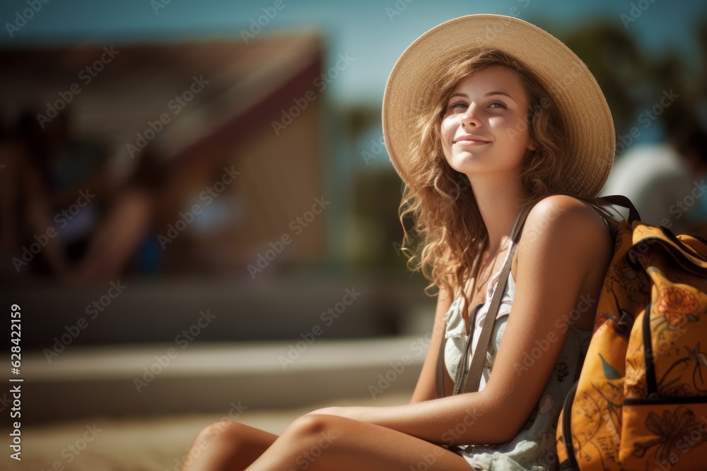 Woman sitting on a bench, the girl wears a straw hat because of the sun in the summer