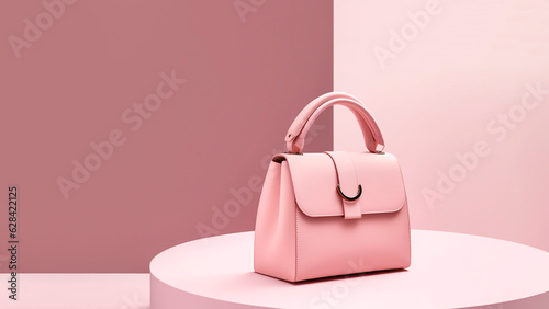 Pink leather handbag on a pink background with copy space.
