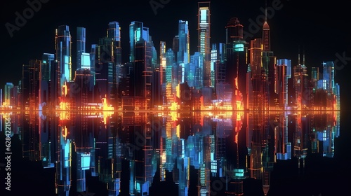 Night city neon lights of the metropolis reflection