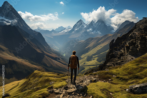 Man hiker with a backpack gazes at a beautiful summer mountain landscape. Beautiful inspiring landscapes, trekking and activities. Generative AI