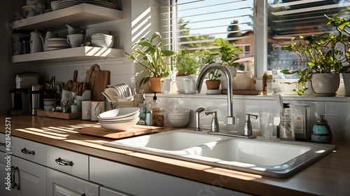kitchen counter made of white and wood with a big sink, a white wall, jars, and dishes. a mockup for house advertising and background Generative AI