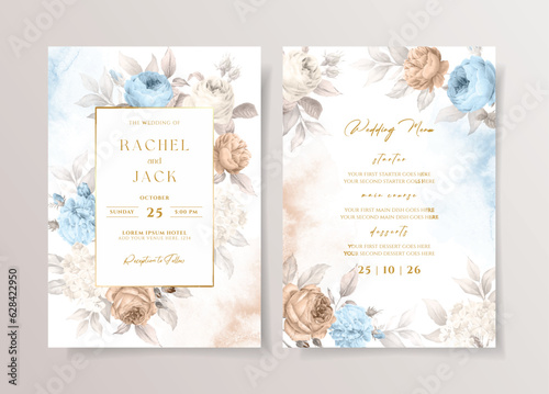 Watercolor wedding invitation template set with romantic blue brown floral and leaves decoration