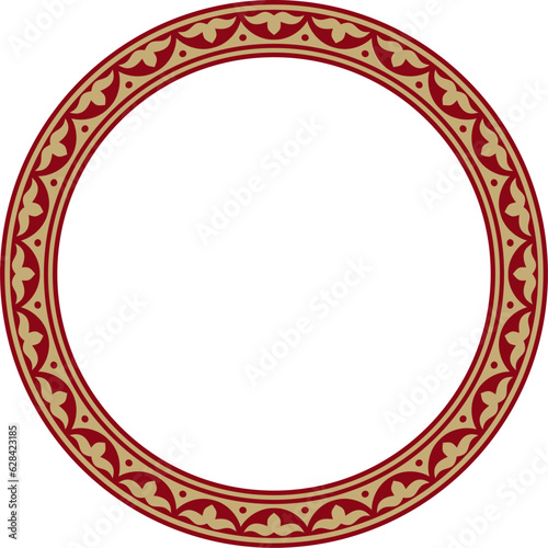 Vector red and gold round Kazakh national ornament. Ethnic pattern of the peoples of the Great Steppe, .Mongols, Kyrgyz, Kalmyks, Buryats. circle, frame border.