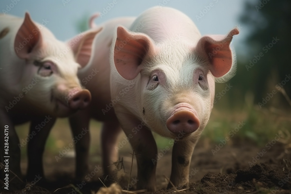 Happy pigs roaming free on farm meadow and mud. Farm animal welfare and care. Generative Ai Happy pigs roaming free on farm meadow and mud. Farm animal welfare and care. Generative Ai