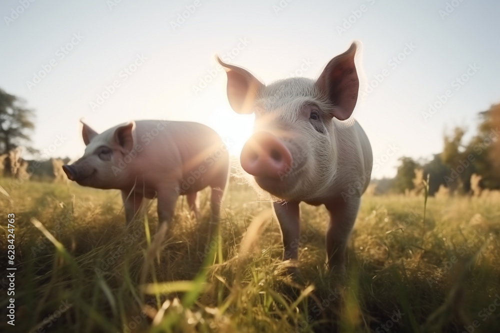 Happy pigs roaming free on farm meadow and mud. Farm animal welfare and care. Generative Ai Happy pigs roaming free on farm meadow and mud. Farm animal welfare and care. Generative Ai